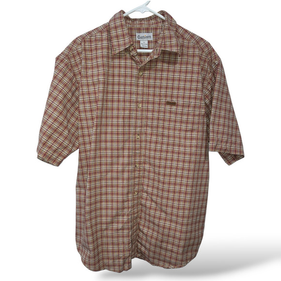 Carhartt Mens Large Shirt Button Down Plaid Short Sleeve Red Brown Cotton - Picture 1 of 7